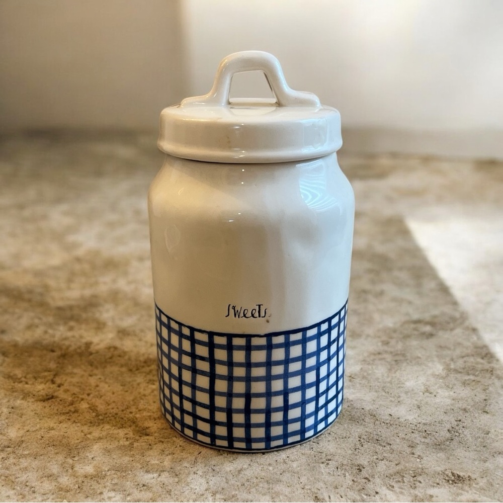 Rae Dunn Sweets Artisan Collection Ceramic Jar with Blue Grid Design